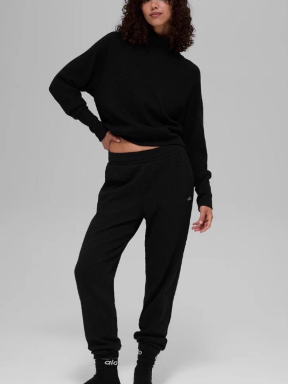 ALO Yoga Black Relaxed-Fit Waffle Jogger Pants